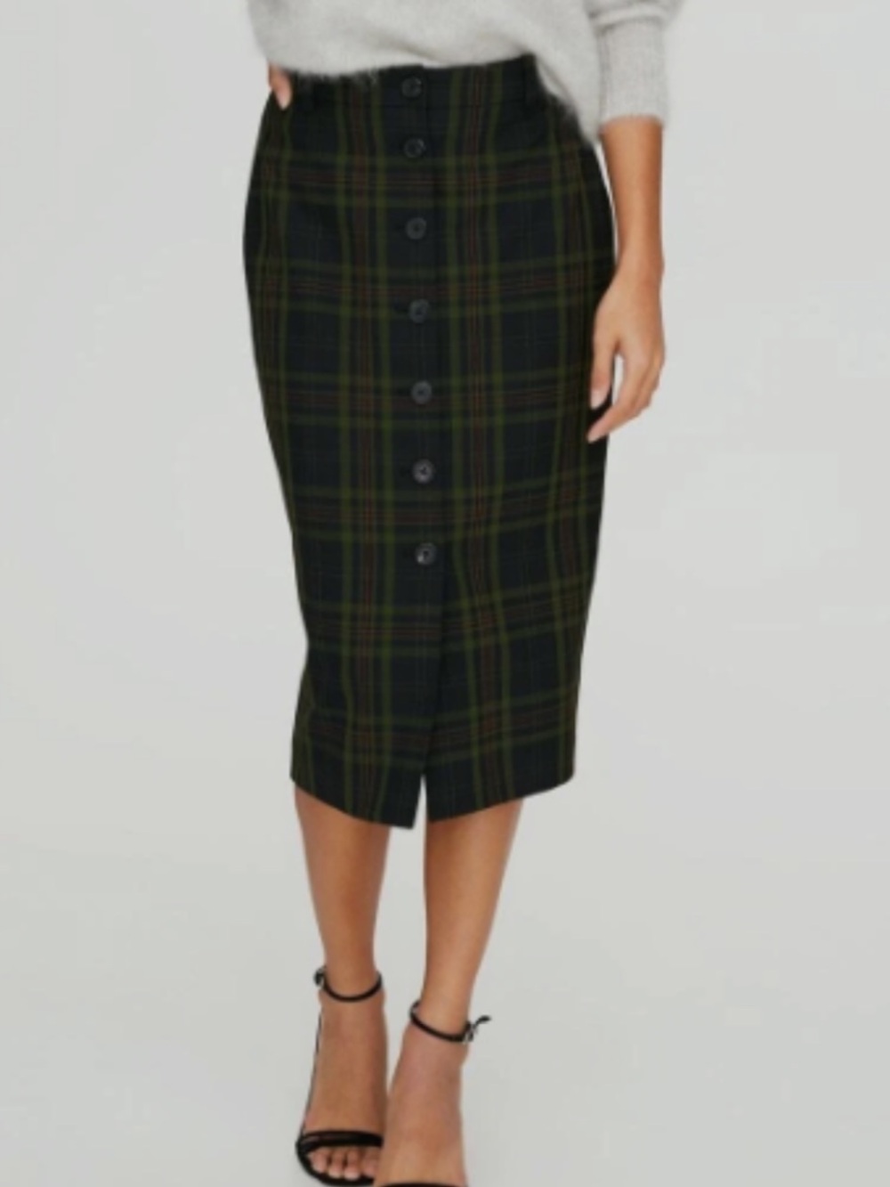 Aritzia Wilfred Leona Black Green Check Plaid Midi Pencil Skirt women 2 button